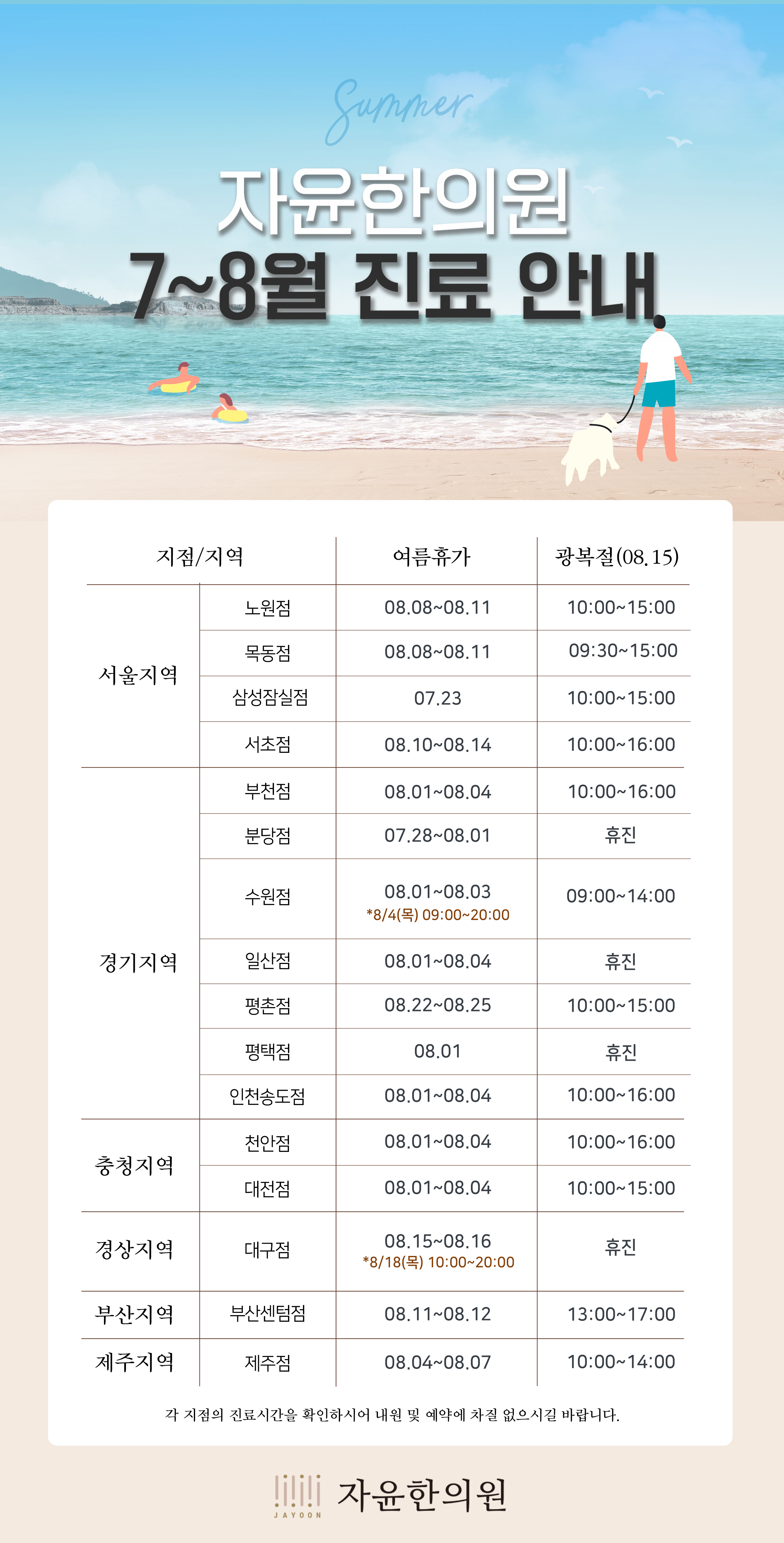 자윤한의원 2022년 7-8월 진료 안내