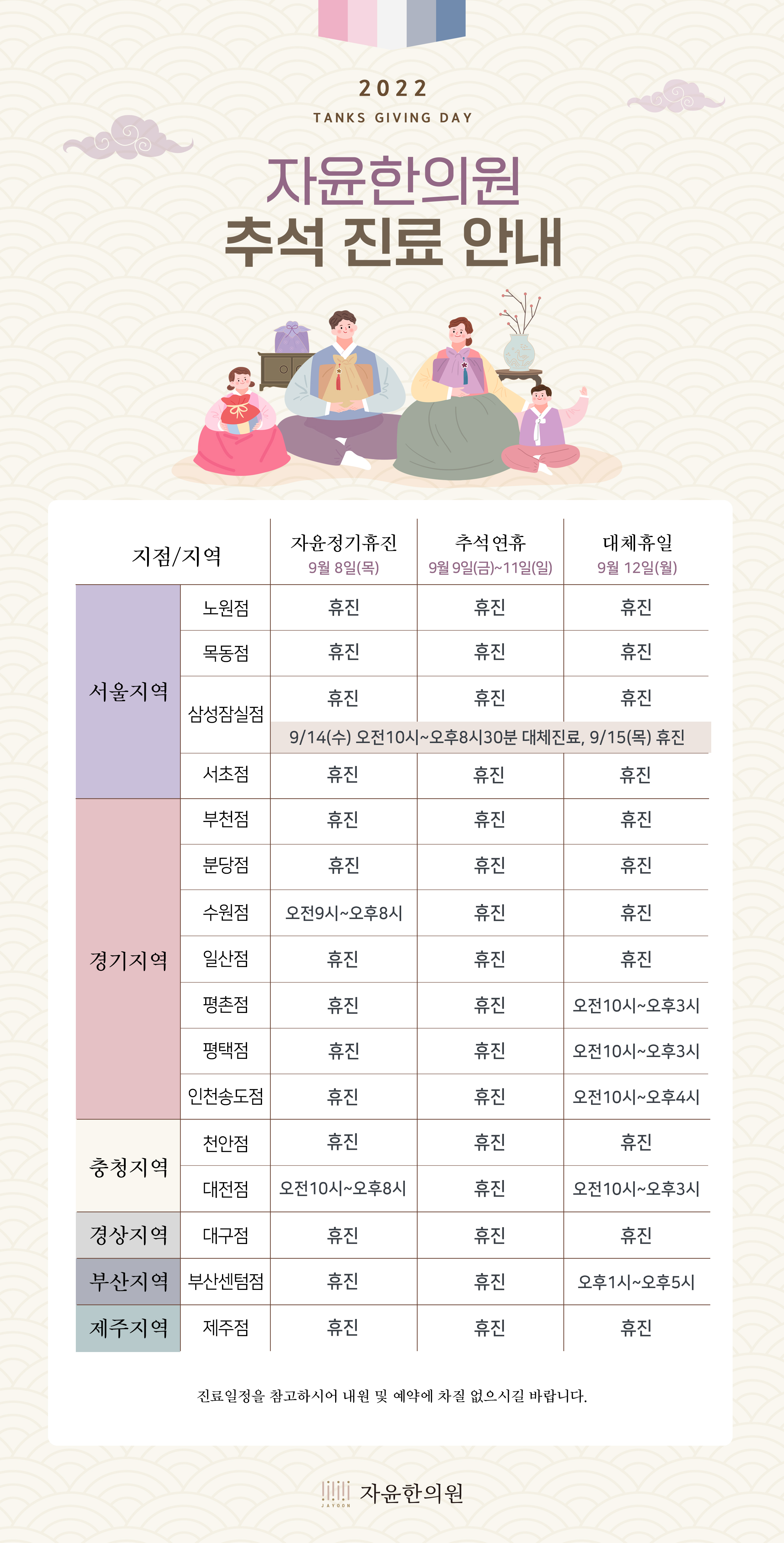 자윤한의원 2022년 추석 진료 안내