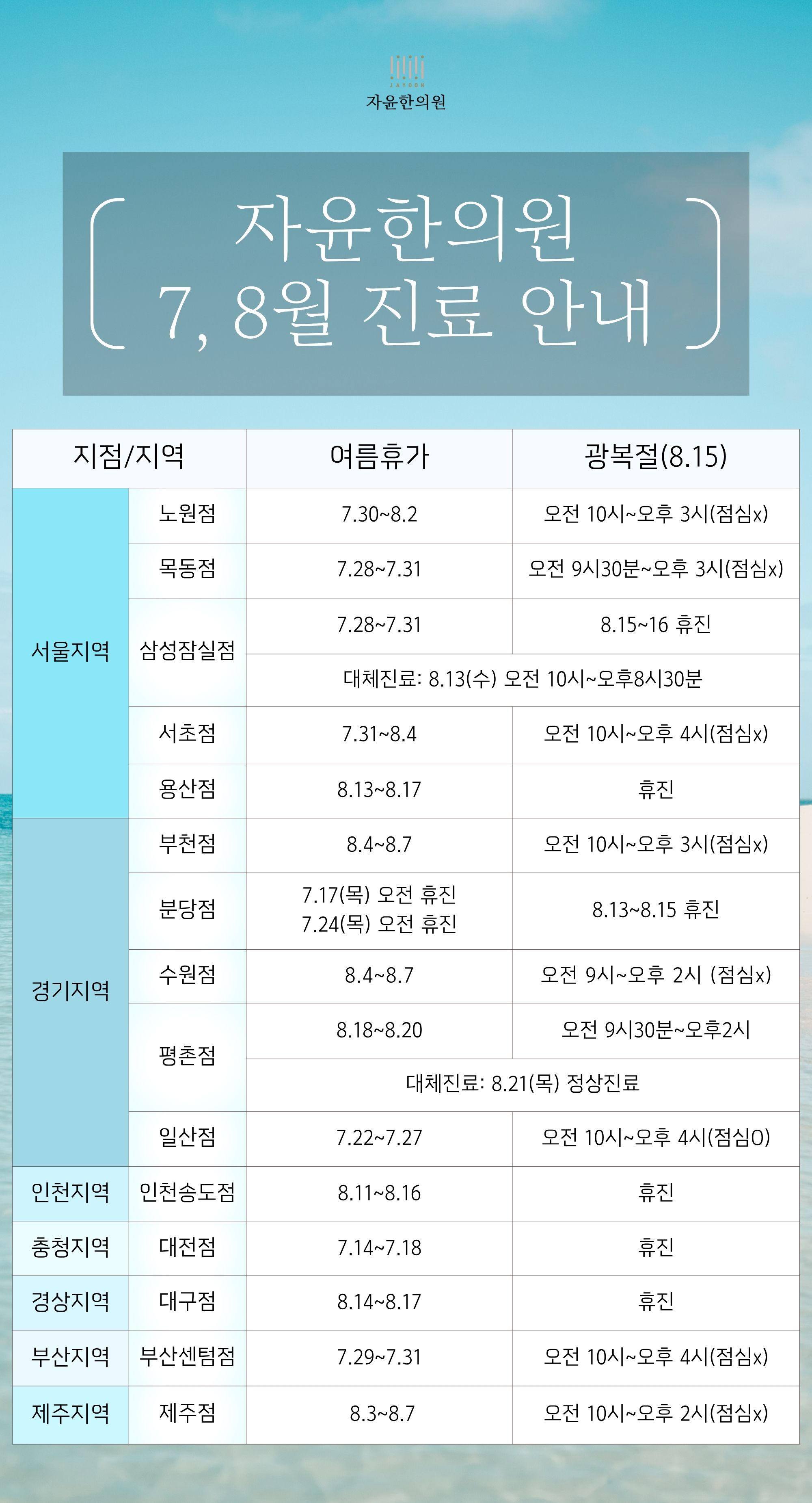 자윤한의원 7, 8월 여름휴가 · 광복절 진료 안내