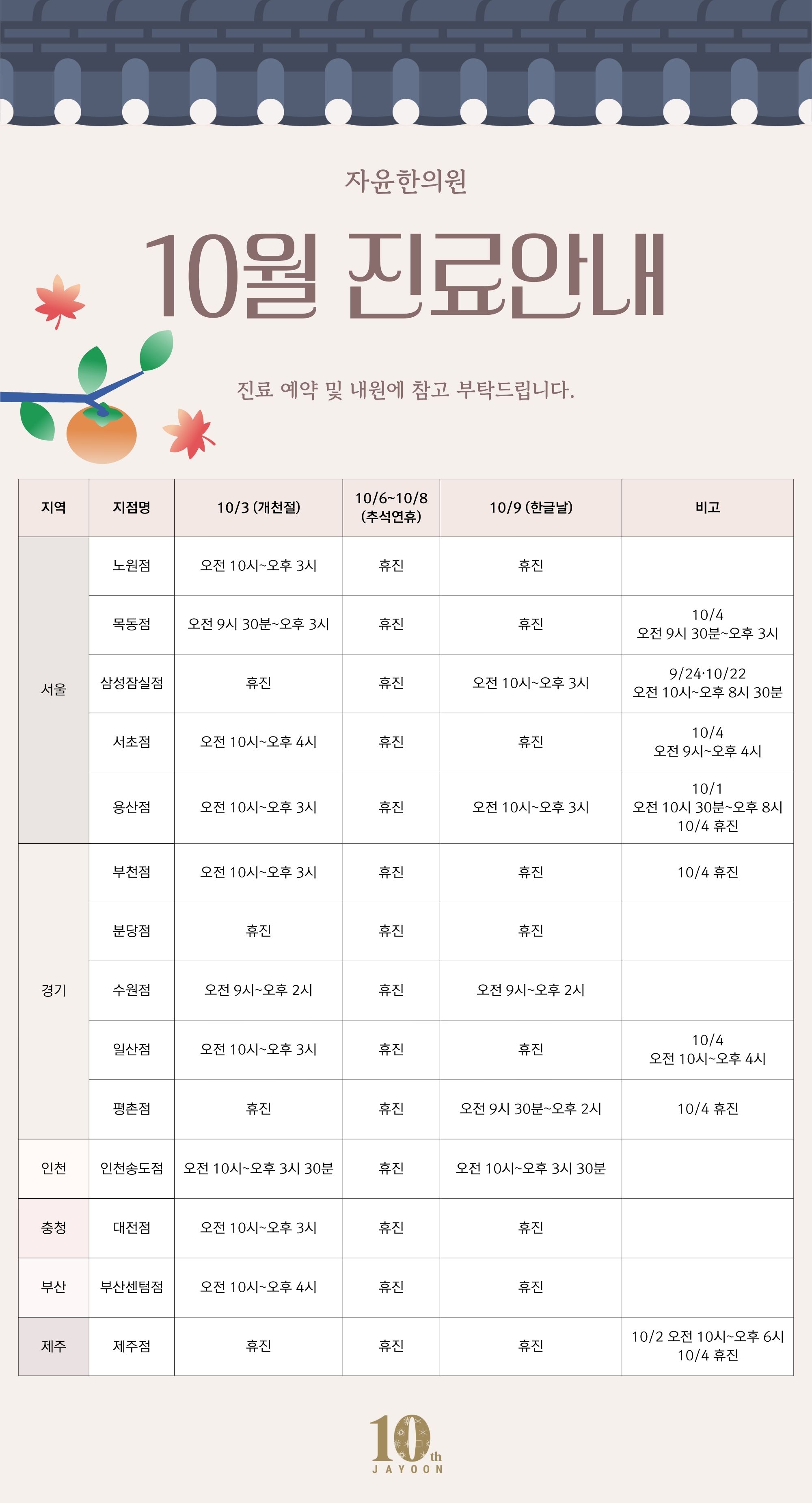 자윤한의원 10월 진료안내
