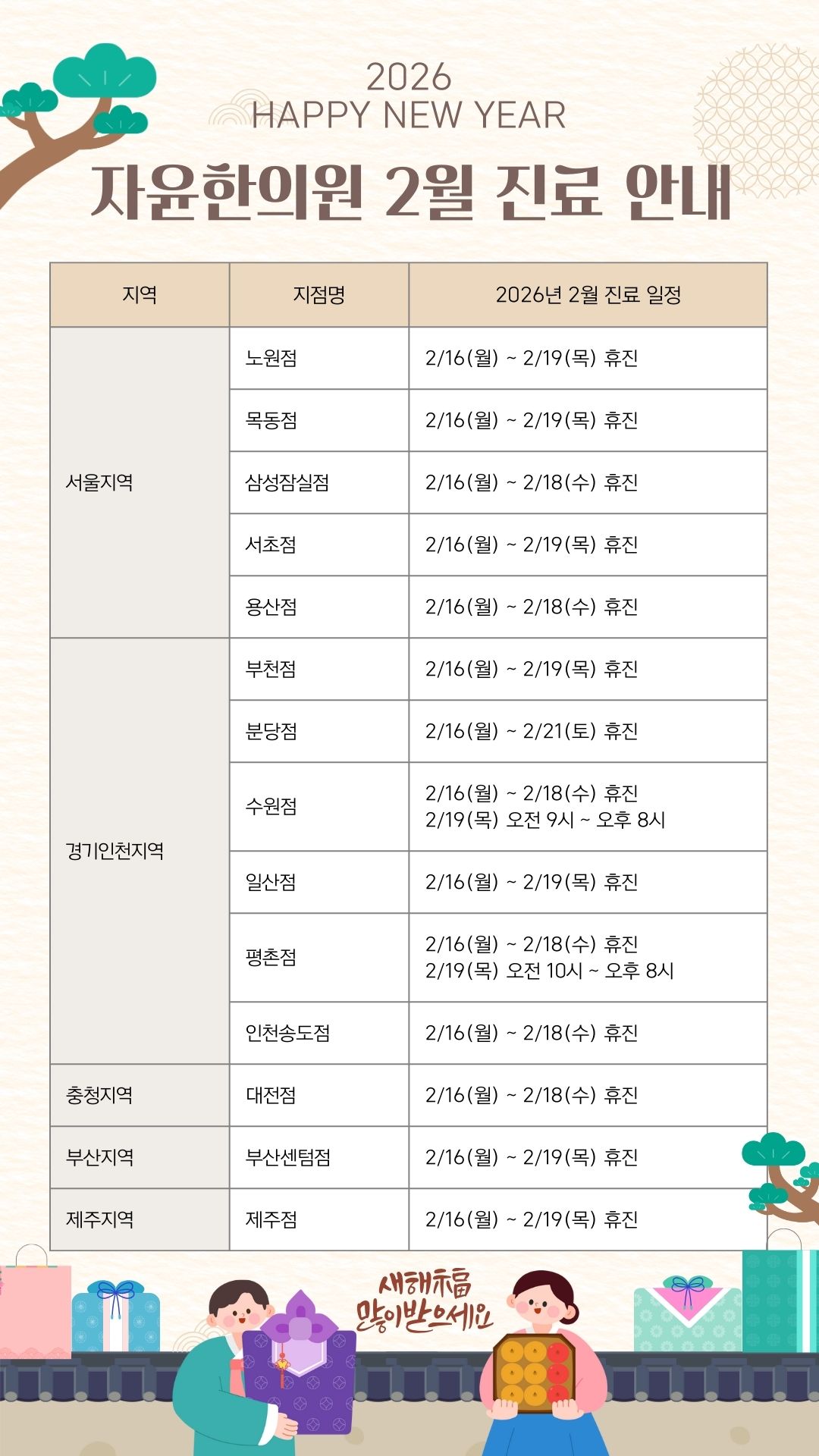 자윤한의원 2026년 2월 설날연휴 진료 안내